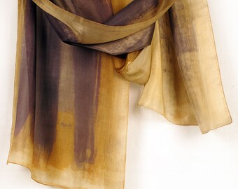 Hand painted scarf. Autumn stripes silk scarf paint by hand. Long fashion scarf. Abstract painting on silk by Dimo. Bridesmaids gift