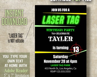 Laser Tag Birthday Invitation, Laser Tag party, Instant Download, Editable PDF File A466