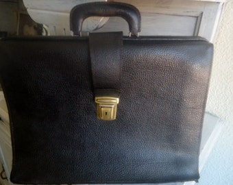 Antique Leather SATCHEL, Black satchel 60's,French briefcase