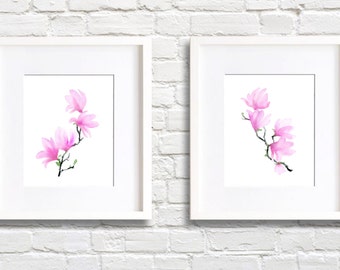Magnolia Blossom Art Prints - Set of Two - Wall Decor - Watercolor Painting