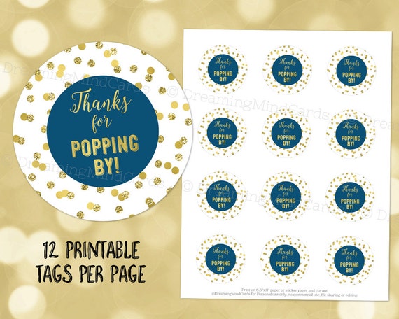 Printable Thanks for Popping By Favor Tags Navy Blue Gold