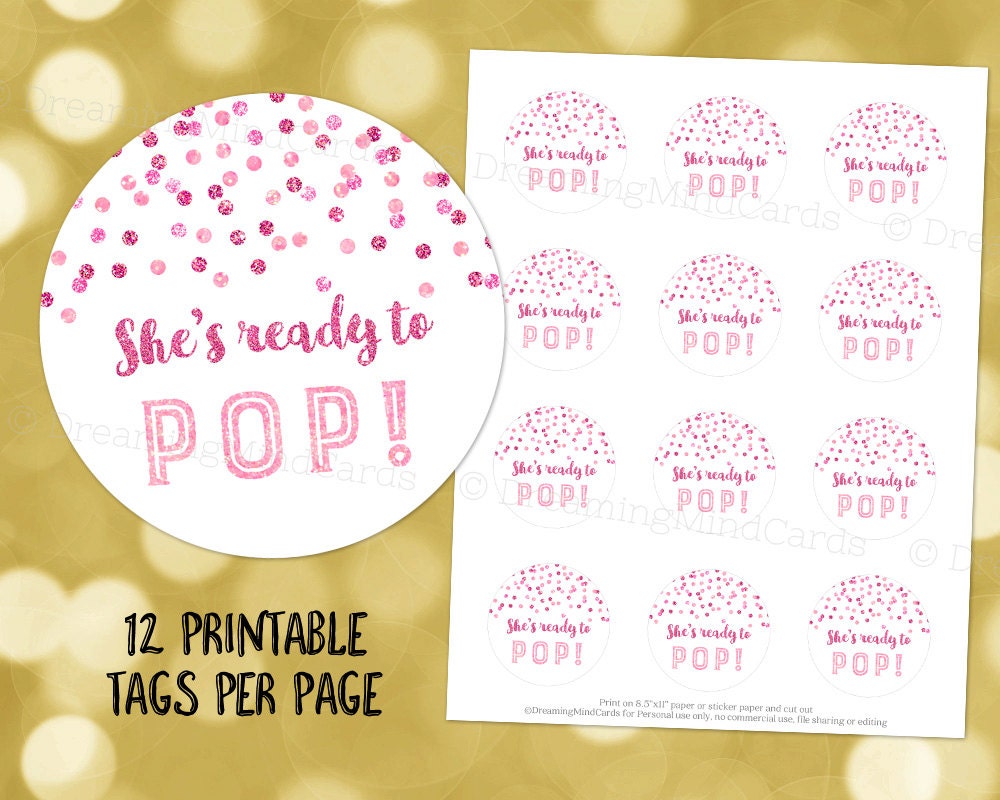 Printable She's Ready to Pop Favor Tags Pink Glitter