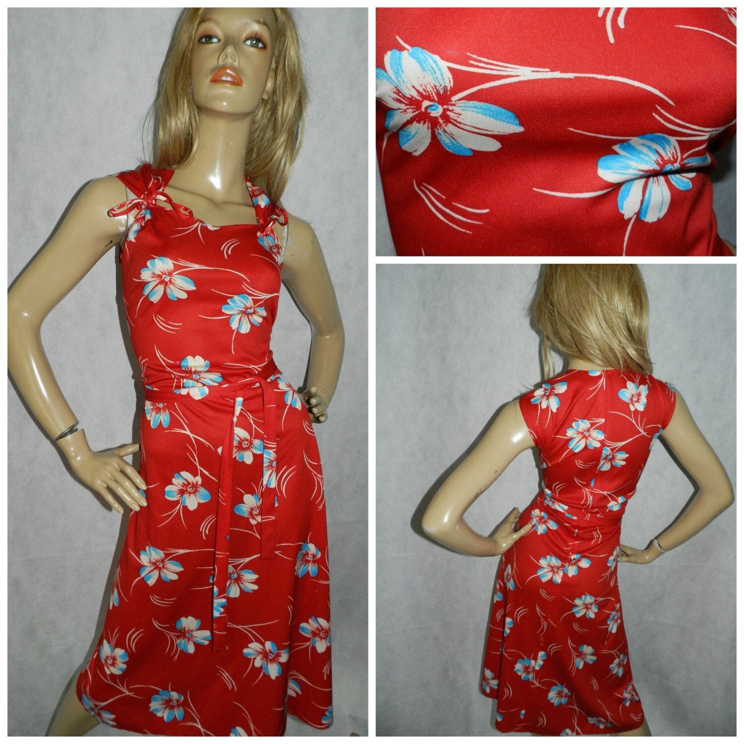 Vintage ORIGINAL 1970s bold red/white/blue ORCHID print swing dress 16 ...