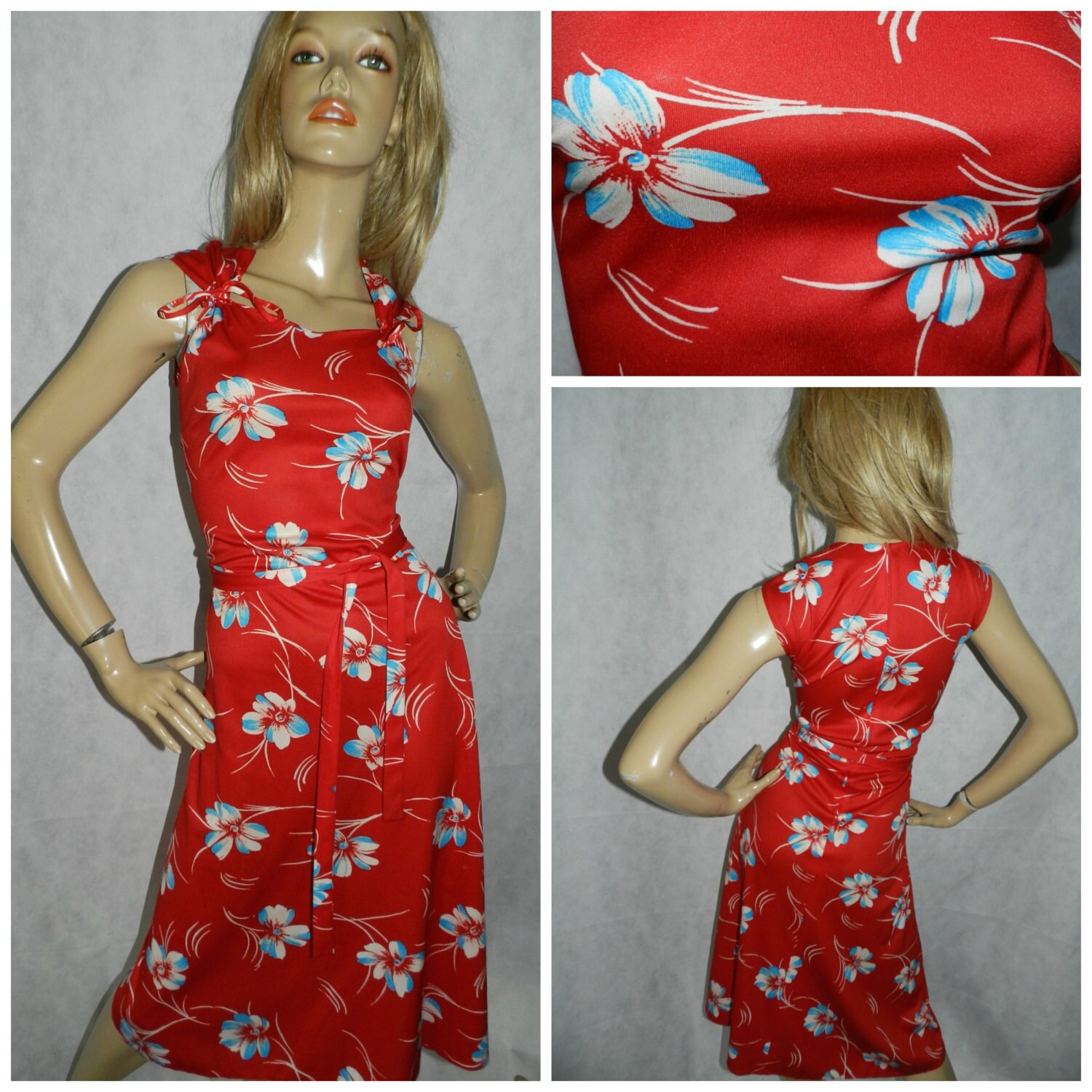 Vintage ORIGINAL 1970s Bold Red white blue ORCHID Print Swing Dress 16