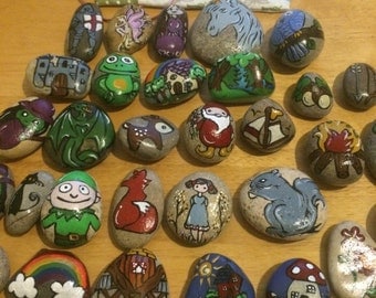 Hand Painted Story Stones to encourage imaginative and creative play as well as literacy skills and for fun! Great for Forest School & home
