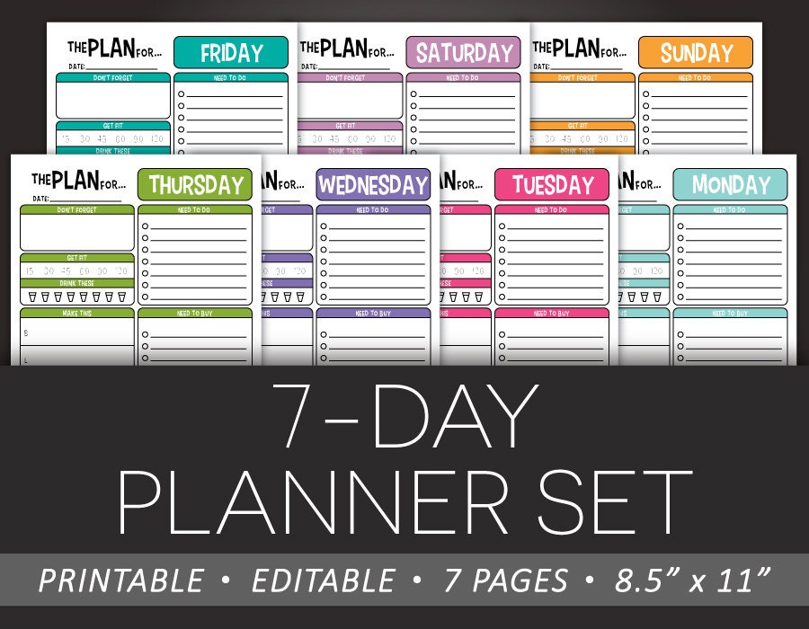7 day daily planner set editable 85 x 11 pdf to do health