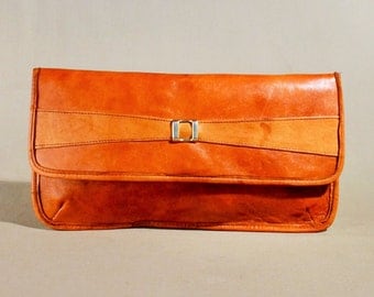 Vintage Cognac Leather Clutch, Handbag, Evening Bag