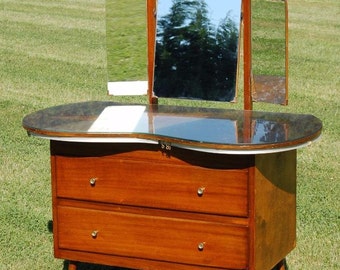 Vintage Retro Kidney Shaped Dressing Table with Mirrors & Glass Top