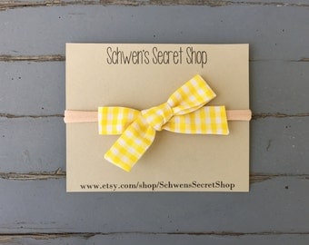 Yellow gingham bow, hand tied bow, baby girl headband, fabric bow headband, baby headband, baby girl bow, nylon headband, baby girl bow