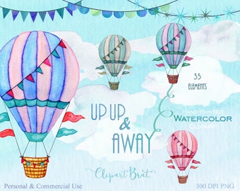 HOT AIR BALLOON Clipart Commercial Use Clipart Watercolor Hot Air Balloons Hand-Painted Wordart Banners Clouds & Watercolor Sky Backgrounds