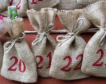 Small Rustic Christmas Hessian Burlap Jute Advent Calendar Pouches Sacks Bags W9 x H15cm (3.5" x 6"), 24 BAGS