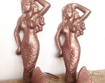 Mermaid Hook Set - Pink Copper/ Rose Gold - Jewelry Holder - Nautical Beach Cottage Decor - Bathroom Towel Hooks - Wall Necklace Holder