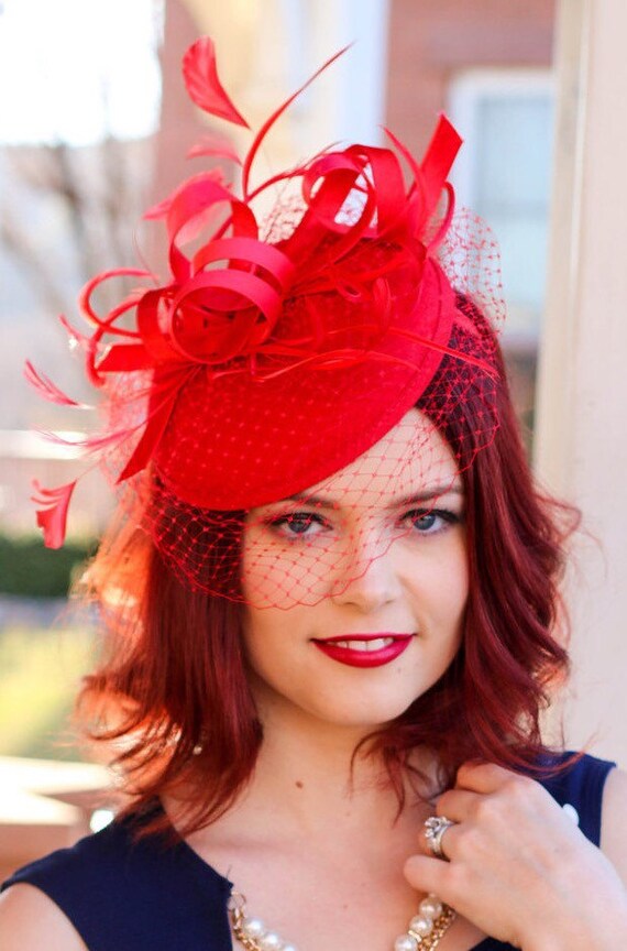 Red Fascinator with Veil Tea Party Hat Church Hat by QueenSugarBee