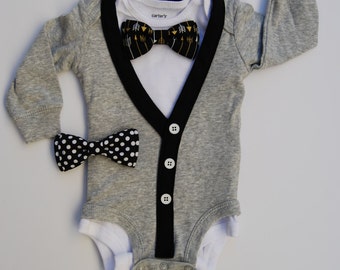 SALE - Black and White Cardigan Onesie and Bow tie Set