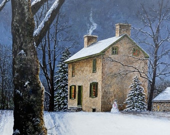 Snow Painting - Winter Landscape - Moon Painting - Country Prints - House Snow Trees - Matted Prints