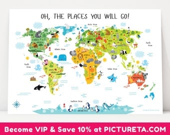 Children’s World Map Poster, Unique Baby Gifts, First Birthday Gift, Nursery Decor, Nursery Wall Art, Baby Gift, Oh, The Places You Will Go
