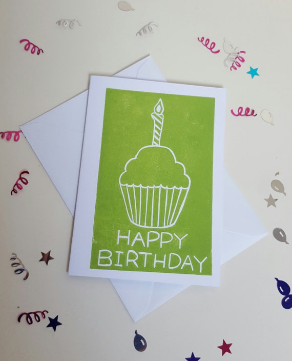 Happy Birthday Cupcake Hand printed Lino Cut Birthday Card