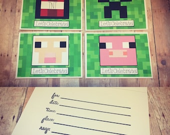 Handmade Minecraft Birthday Invitations; Minecraft Creeper, Minecraft Sheep, Minecraft Pig, Minecraft TNT