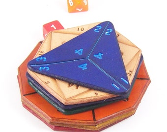 Gaming dice leather coasters, D&D dice, D20, D12, D10, D10 Percentile, D8, D6 and D4