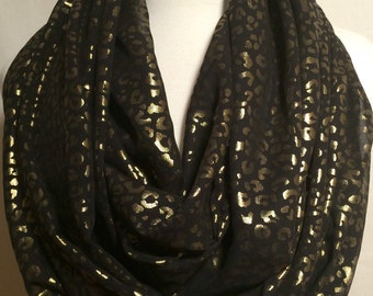 Gold Cheetah Print Sheer Infinity Scarf Gift for her Fall Christmas Winter Scarfs Scarves Tube Black