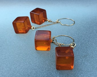 Amber Bakelite cube dangling earrings. Light and crisp