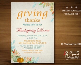 INSTANT DOWNLOAD Thanksgiving Invitations, Thanksgiving Party, Thanksgiving Invitation Instant Download, Invite Printable, DIY Editable pdf