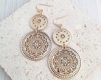Boho Earring,Gold Boho Earring,Boho Dangle Earring,Boho Circle Earring,Circle Pendant Earring,Ethnic Earring,Ethnic Circle Earring