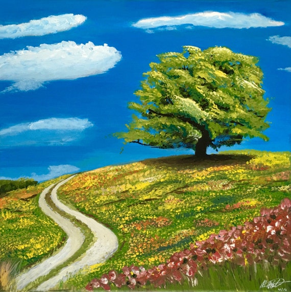 Baum auf der Frühlingswiese Acrylmalerei auf Leinwand 40x40