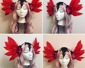 black /white swan headdress . Feather headpiece, Fairy headdress, Halloween costume,gothic headdress