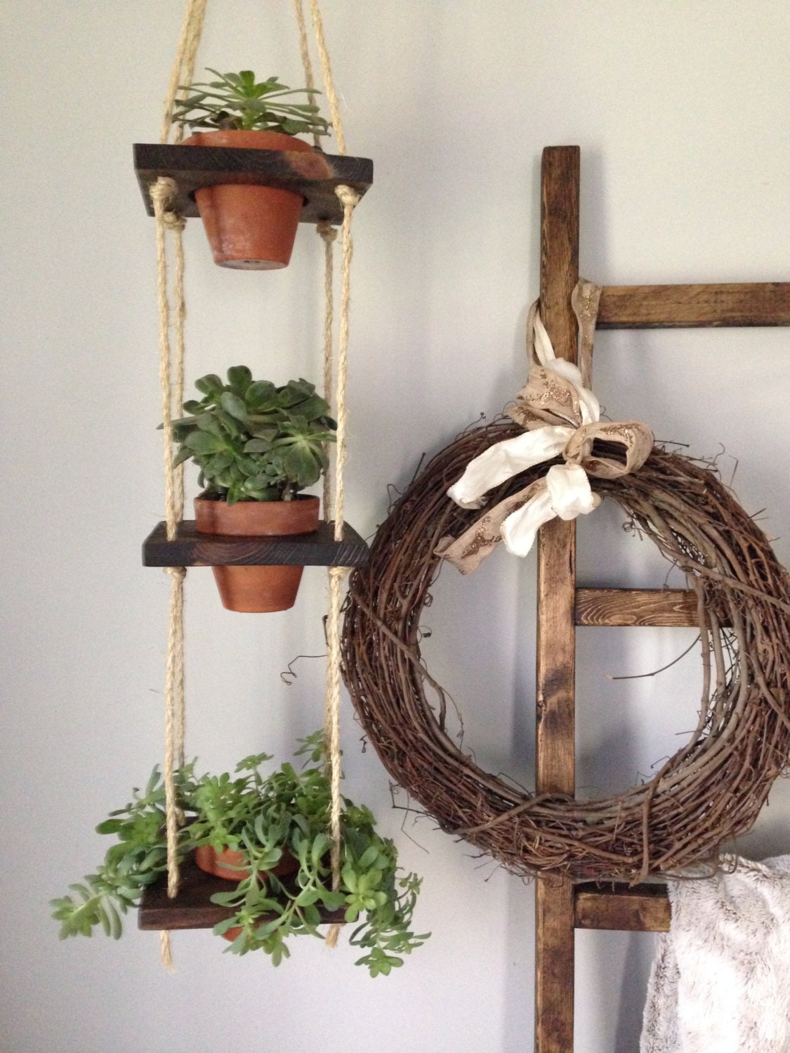 3 Tier With Pots Vertical Planter Wood Hanging Terracotta