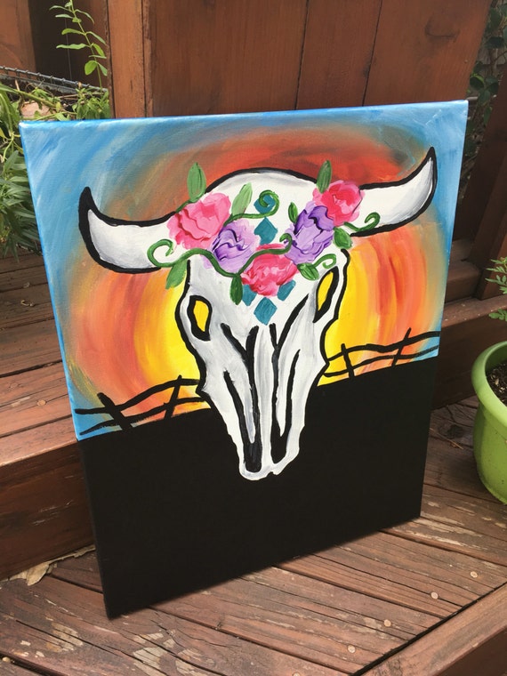 Items similar to Cow Skull with Flower Crown canvas painting! on Etsy