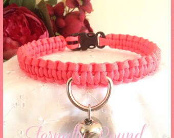 BDSM Collar/day & play! Paracord, buckle,pink,choice of bell, submissive,pet play,kitten,puppy,kinky,sexy,strong,slave,d ring