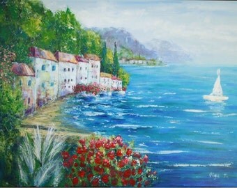 White sail Acrylic canvas art painting knife Unique gift Ocean lover gift Colorful painting living room decor art Blue wall art modern