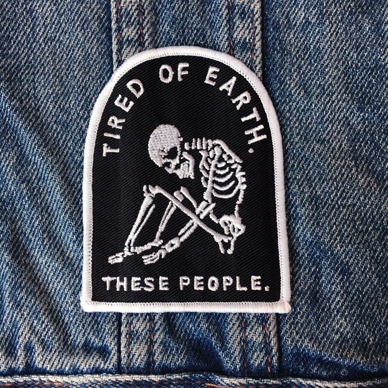Skull Patch Tired Of Earth Patch Denim Jacket Leather Woven Embroidered Punk Skull Iron On