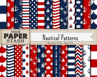 Nautical Digital Paper, Navy Blue & Red, Scrapbooking Paper, Nautical Scrapbook, Stripes, Chevrons, Boy Scrapbook, Patriotic, Commercial Use