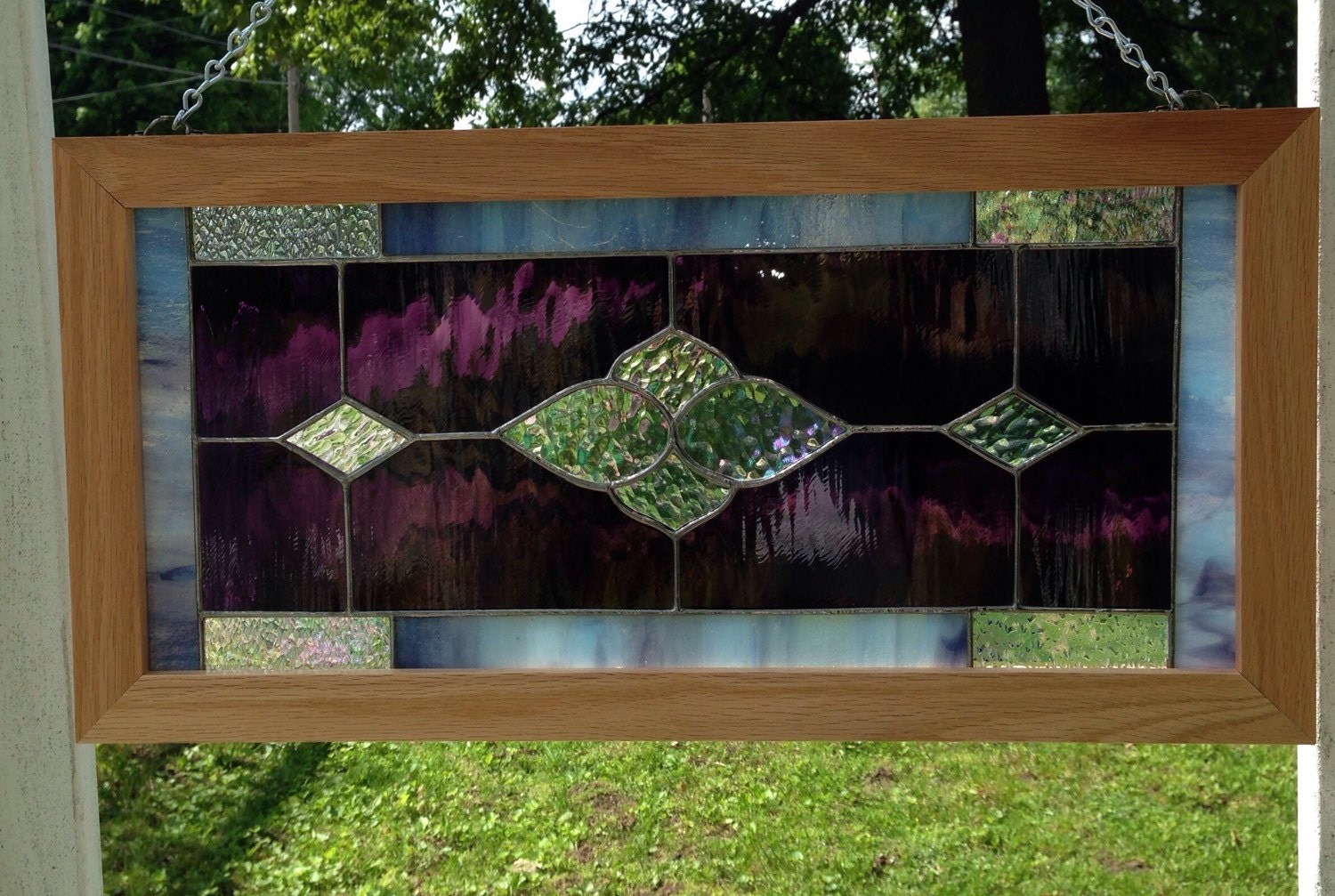 Stained Glass Panel Suncatcher Purple blue and iridescent