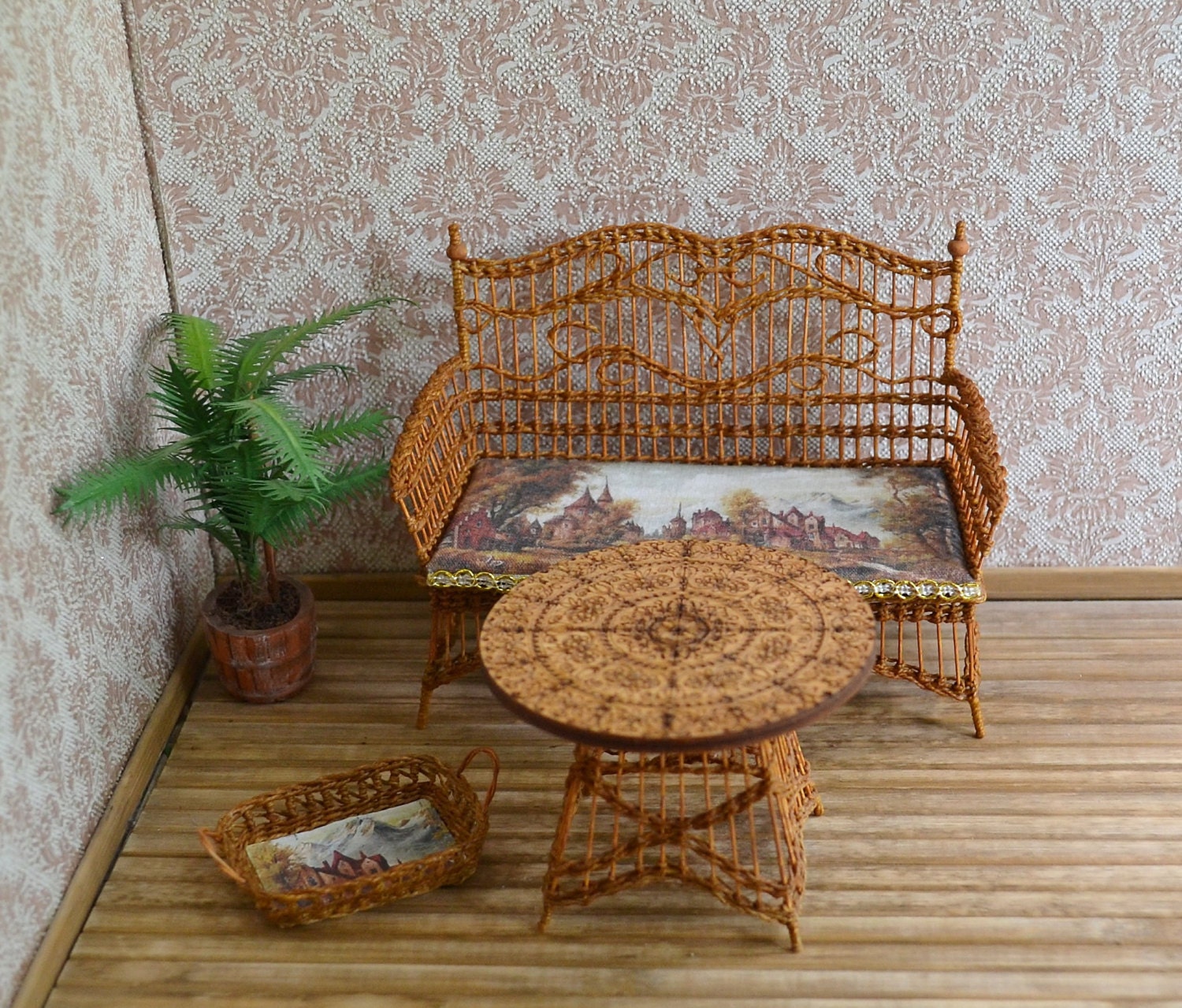 Dollhouse Miniature wicker set sofa table tray Scale