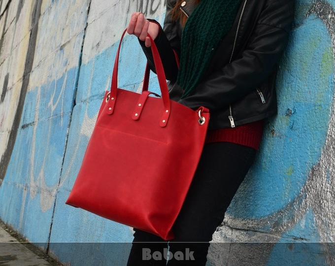 Handmade Shopper Bag - Leather Tote Bag - Handmade Red bag - Leather Handbag - Handmade Shoulder Bag - Large Leather Cross-body bag - Gift