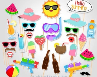 Printable Summer Time Party Photo Booth Props - Tropical Party Photobooth Props - Beach Party Printable Props - Pool Party Props