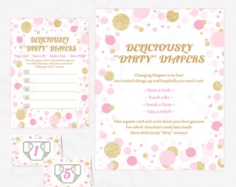 Pink Gold Baby Shower Game - Guess the Mess - Deliciously Dirty Diapers Game - Chocolate Candy Bar Mess Diaper Game Girl Confetti CB0003-pg