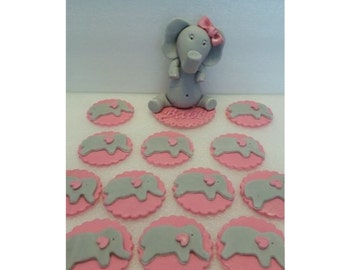 Edible Pink Elephant Cake Toppers With 12 cupcake Toppers
