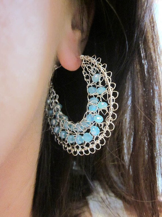 Beaded hoop earrings silver blue crystal earrings wire