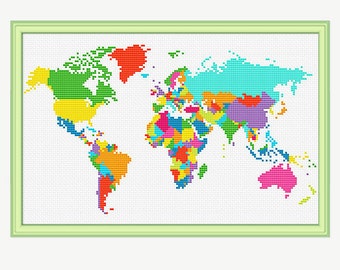World Map Cross Stitch Pattern - Cross stitch continent - Atlas Cross stitch -Embroidery - PDF - INSTANT DOWNLOAD