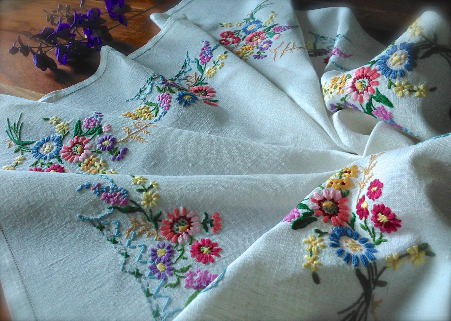 Hand Embroidered Floral Vintage Linen Tablecloth
