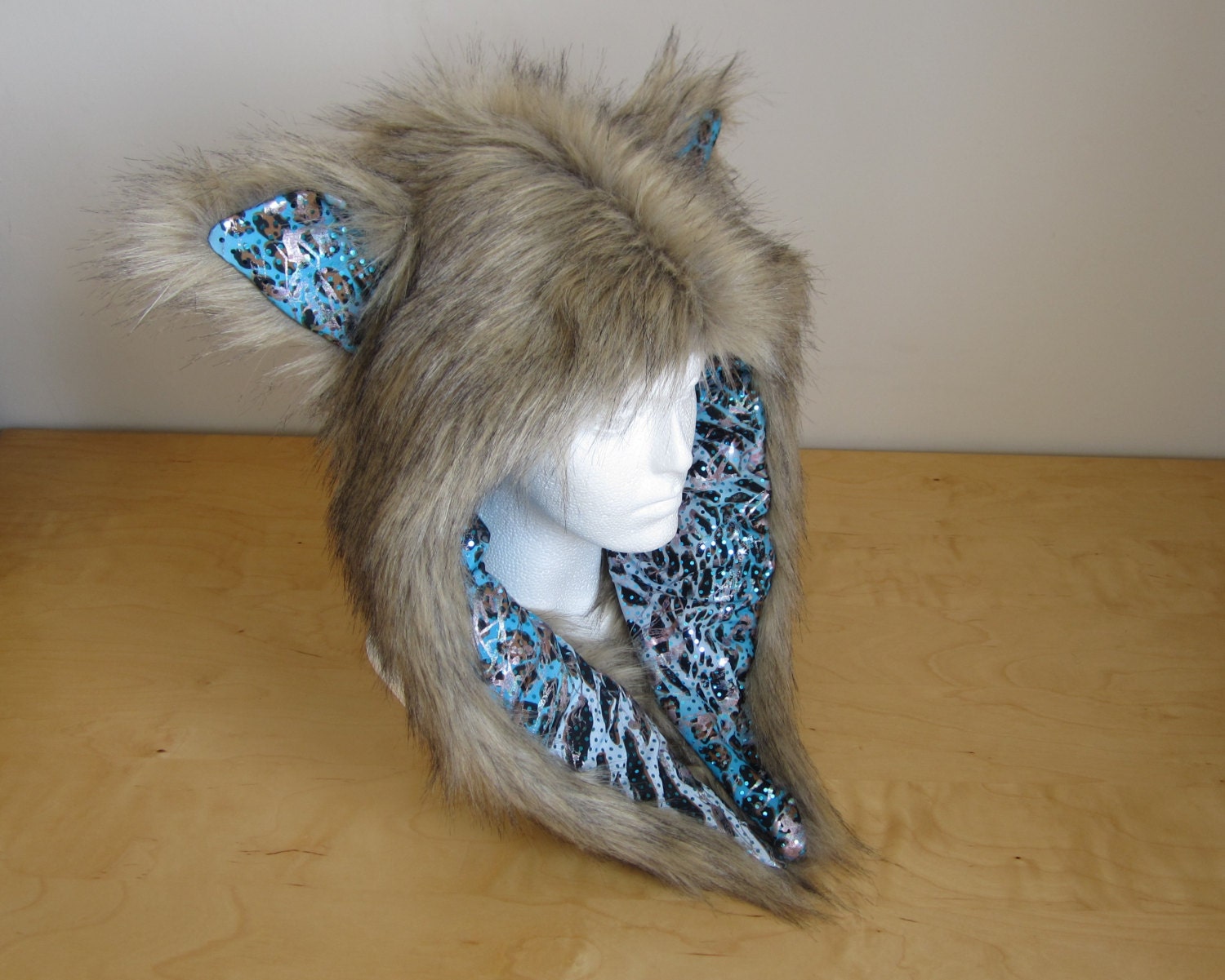 Large long pile faux fur hood with cat ears. by TheHarlequinHatter