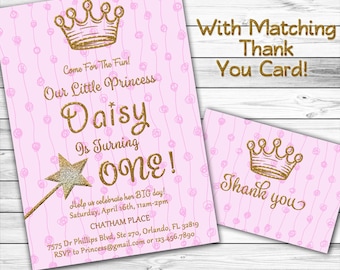 Princess Birthday Invitation, Girl First Birthday Invitation, 1st Birthday, Pink and Gold Birthday Invitation, Free Card, Glitter, Printable