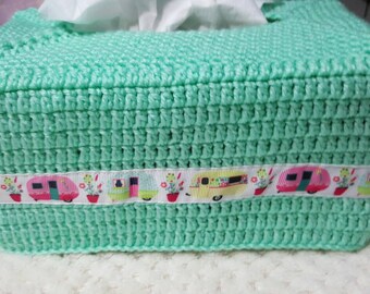 Handmade Crochet Tissue Box Cover with Caravan Ribbon. ...made to order in any colour combination of your choice.