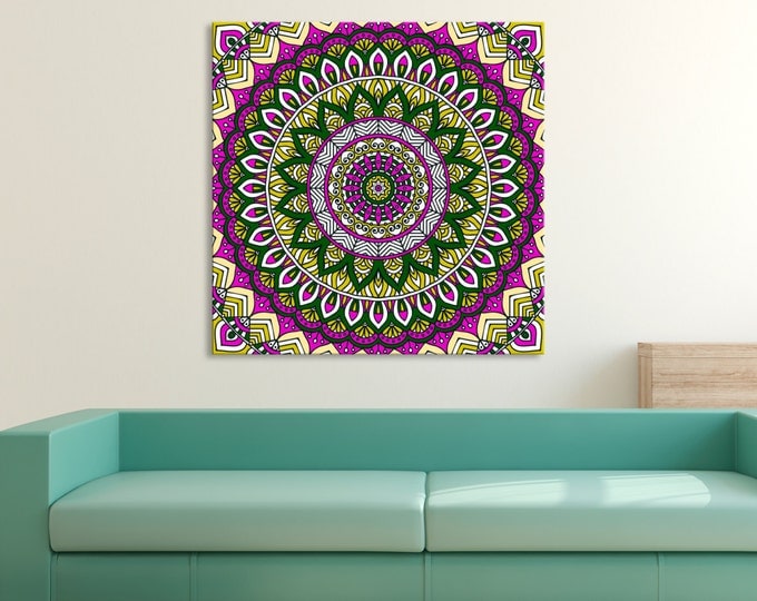 Pink mandala flower wall art canvas set 4 panels/ Mandala print Wall Art / Yoga art print canvas/ Yoga wall decal art / Color mandala