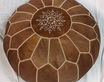 SALE ** STUFFED Moroccan Leather pouf ottoman with top embroidery in Brown