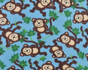 Monkeys in Jungle - Blue Fleece Fabric by the yard